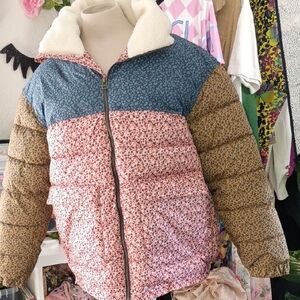 Universal  Blue Pink Tan Puffer Jacket